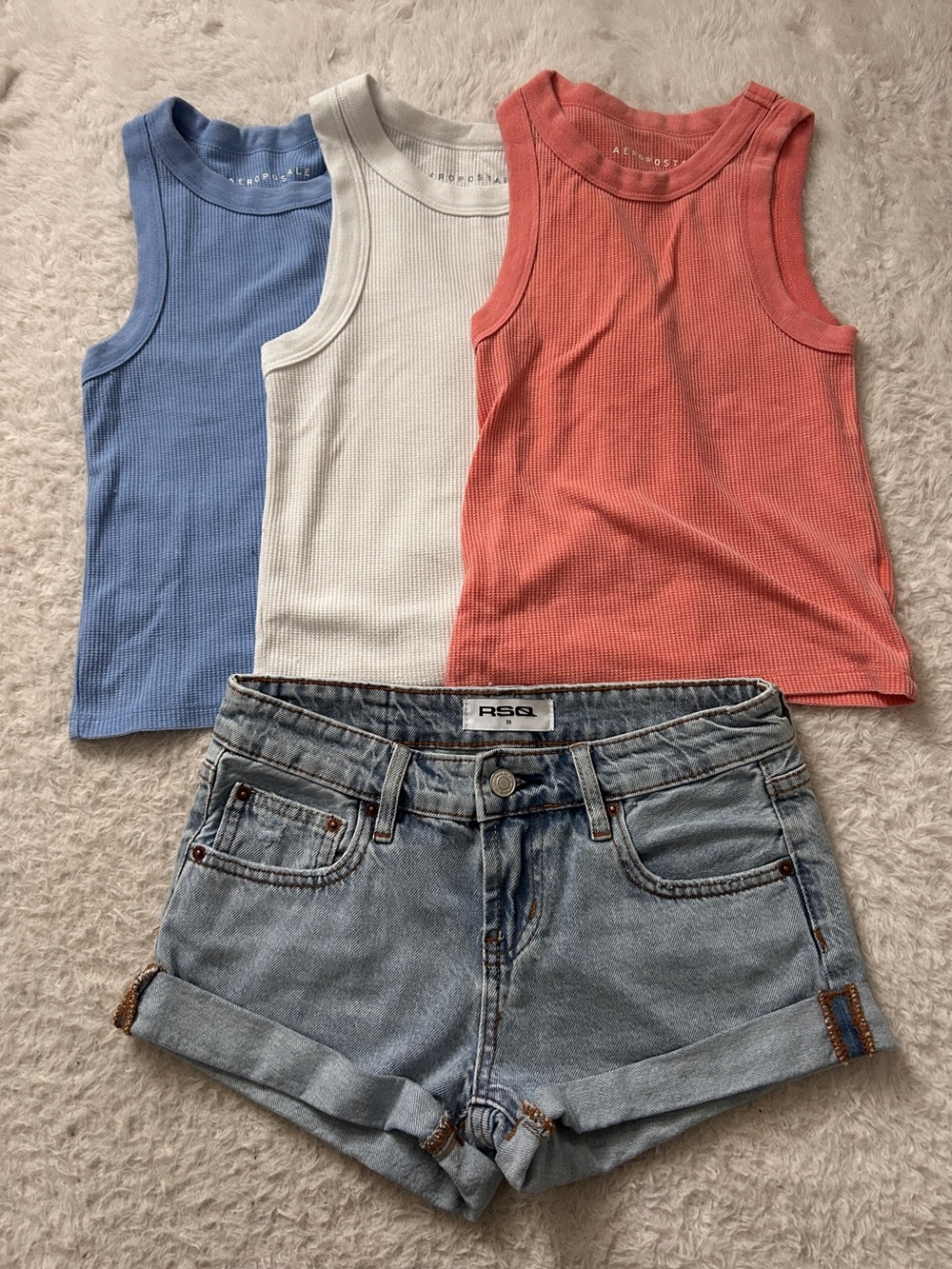 RSQ Light Blue Denim Jean Shorts 24 Aeropostale Waffle Tanks XS